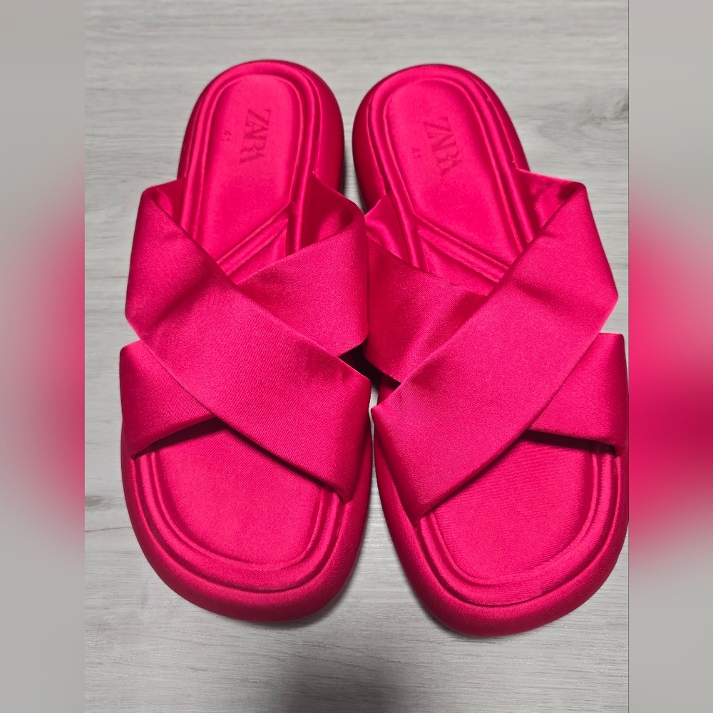 ZARA Fuchsia Satin Cross-Band Slide Sandals Size 41
